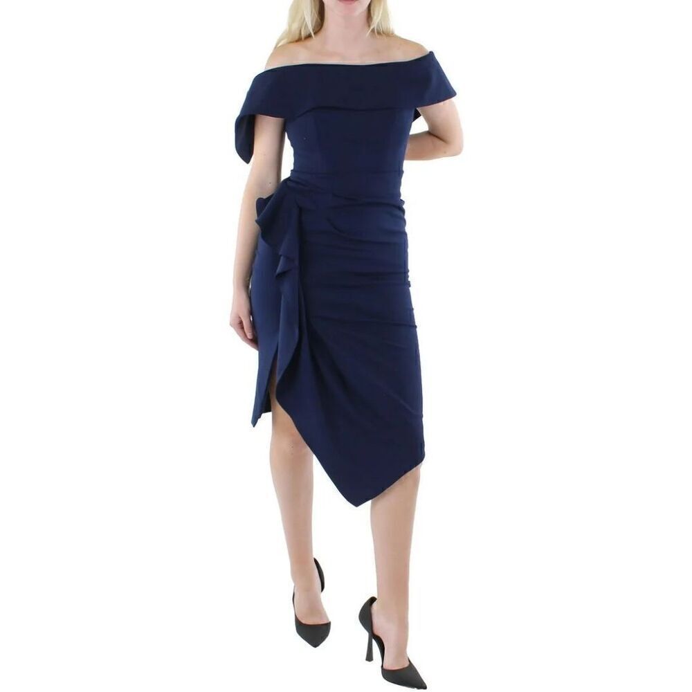 Betsy & Adam Womens Asymmetric Ruffled Cocktail and Party Dress in Night Blue NW